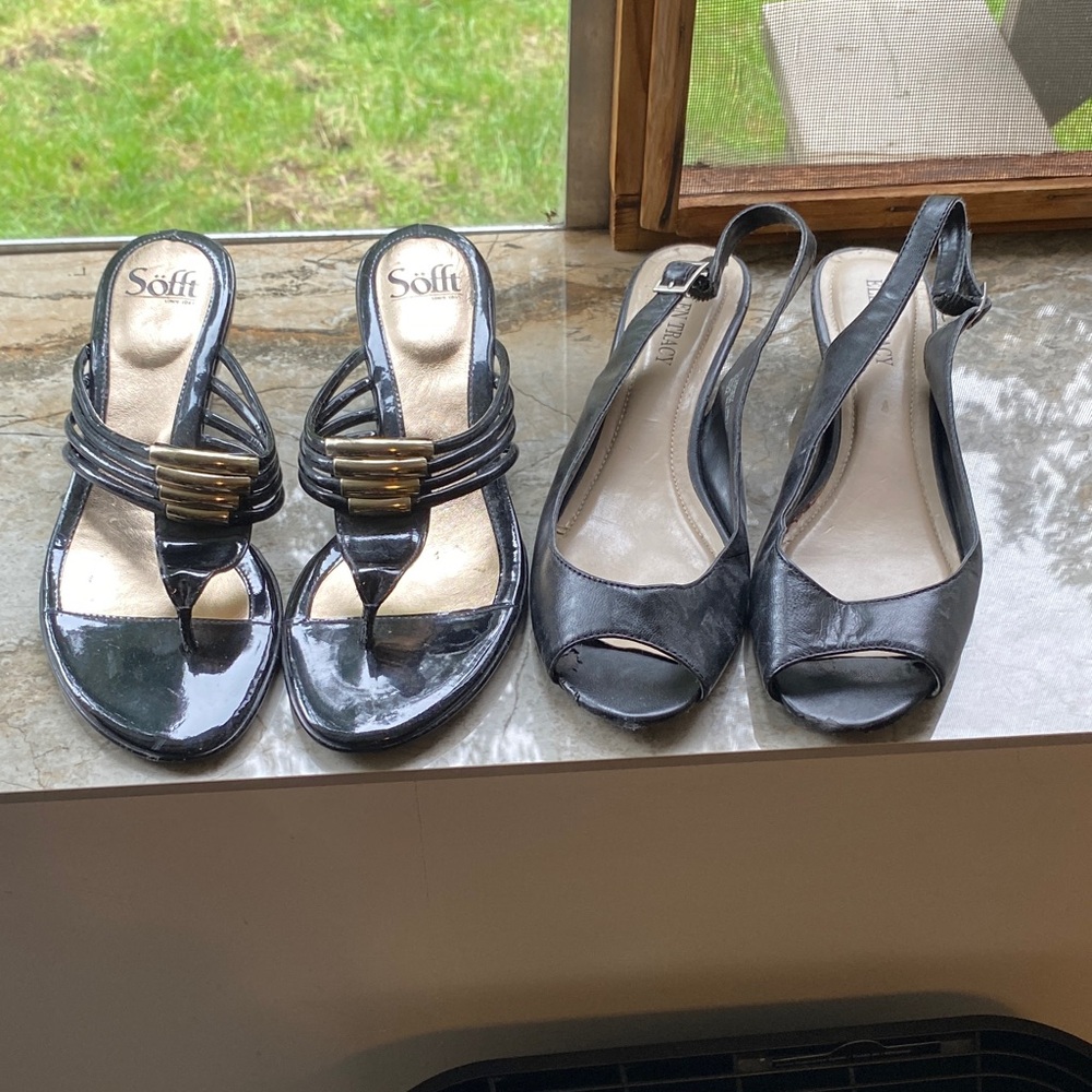 Sofft Women's Black and Gold Sandals &Ellen Tracy kitten heel sling back sandals